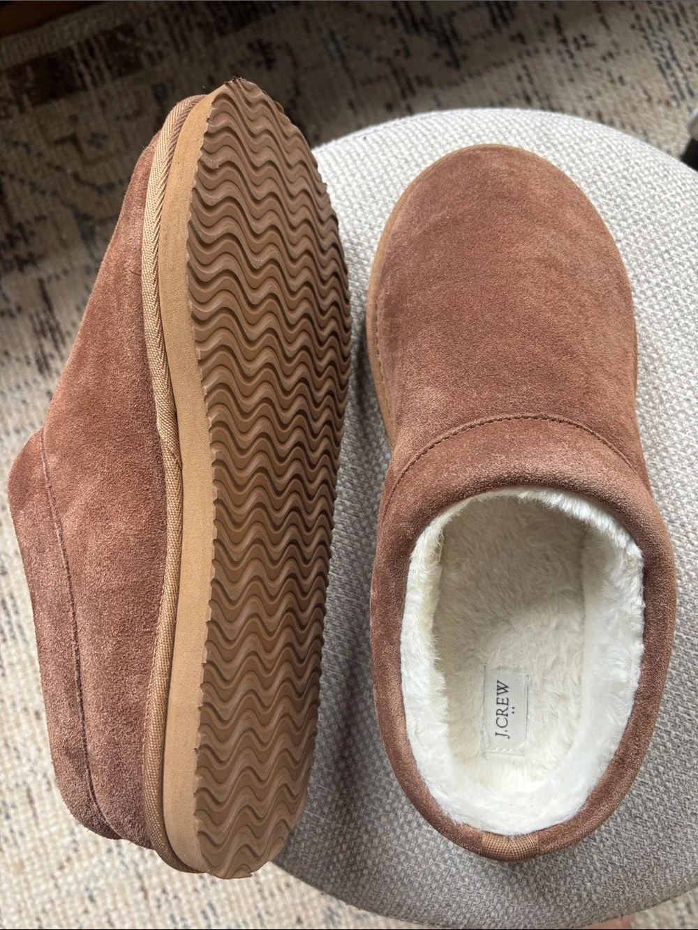 J. Crew Kids Brown Suede Faux-Fur Slip-On Slippers